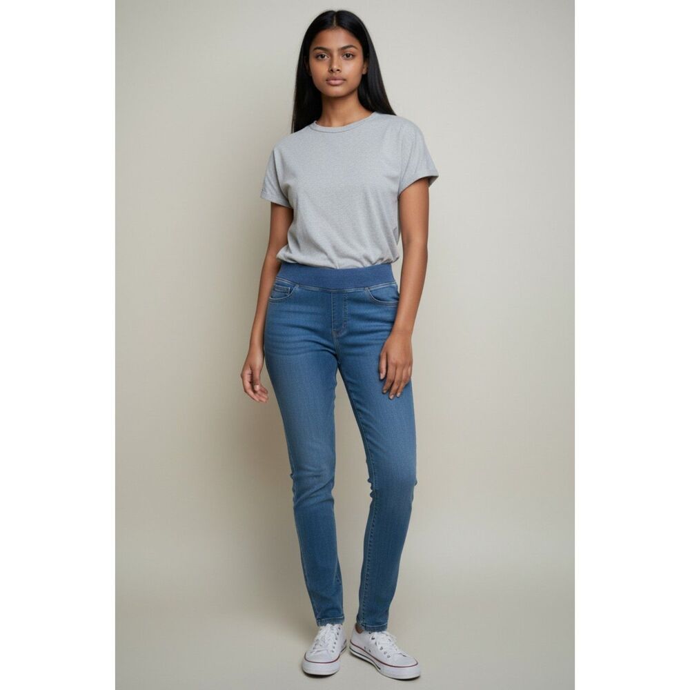 Liverpool LA Pull On Jeans Size 4 27 Slim Straight Stretch Denim Blue
